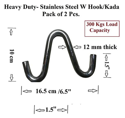 Q1 Beads Stainless Steel W Shaped W Hook/Kada for Hanging on Celing (Chrome) - Pack 2 Peices