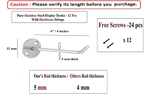 Q1 बीड्स 12 पीस 4" इंच स्टेनलेस स्टील वॉल माउंट हेवी ड्यूटी डिस्प्ले हुक हैंगर मोबाइल शॉप के लिए, हार्डवेयर फिटिंग के साथ काउंटर डिस्प्ले (4 इंच, 12 पीस)