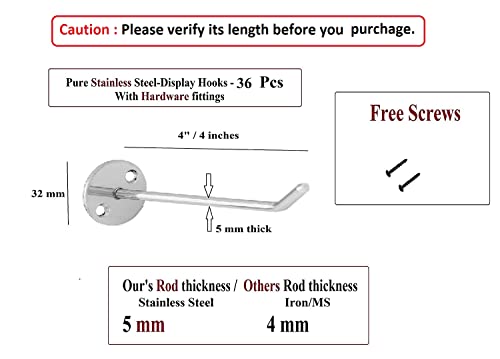 Q1 Beads 36 Pcs 4" Stainless Steel Wall Mount Display Hook Hanger for Billing Counter Display with Hardware Fittings (Chrome, 4 Inches) - 36 Pieces