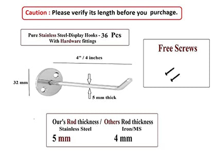 Q1 Beads 36 Pcs 4" Stainless Steel Wall Mount Display Hook Hanger for Billing Counter Display with Hardware Fittings (Chrome, 4 Inches) - 36 Pieces