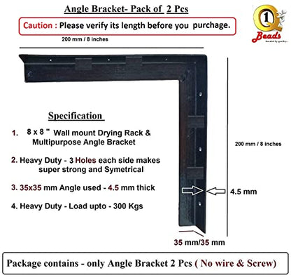 Q1 बीड्स मेटल हैवी ड्यूटी वॉल माउंट क्लॉथ ड्रायर एंगल ब्रैकेट/हैंगर स्टैंड (1 सेट, काला, 200 मिमी)