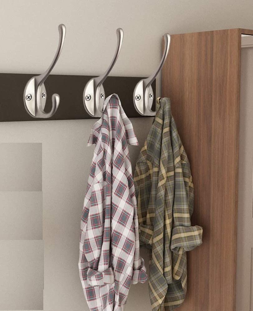 Q1 Beads 3 Pcs Steel Wall Mount Heavy Duty Coat Hooks Dual Prong Retro Double Utility Rustic Hooks for Coat, Scarf, Bag, Towel, Key, Cap, Cup, Hat (Chrome)