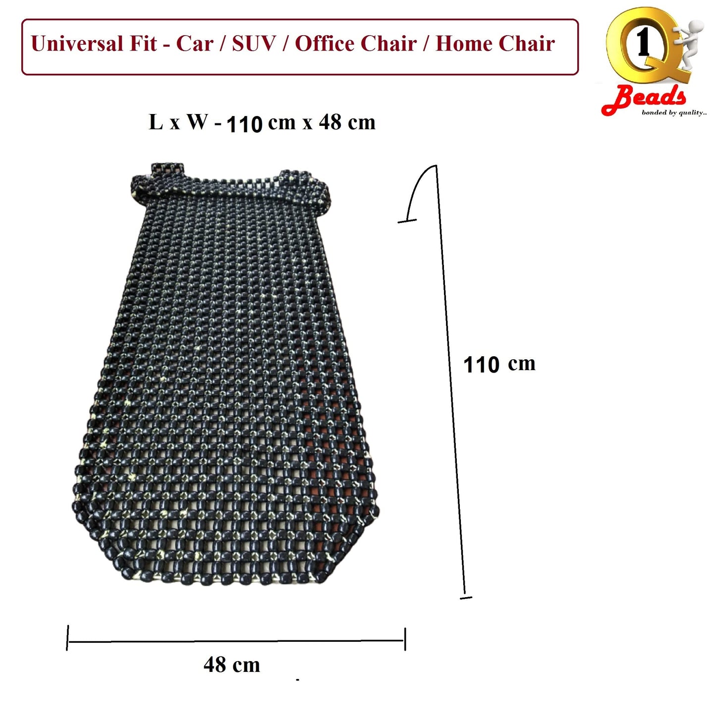 Q1 மணிகள் XXL கருப்பு மர மணிகள் இருக்கை குஷன் கார்/நாற்காலி அக்குபஞ்சர் வடிவமைப்பு (யுனிவர்சல் ஃபிட், 1 பிசி)