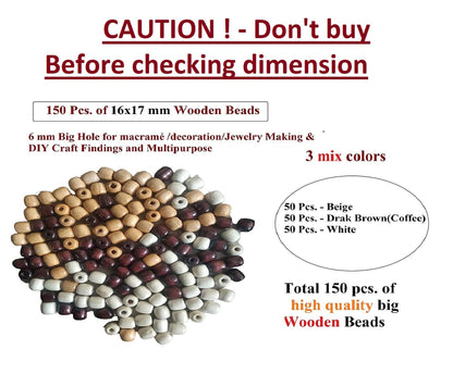 Q1 Beads Multipurpose Big Hole Wooden Beads - 150 Pieces. 16x17 mm Beige, Brown, White Tri Colors Mix (6 mm Hole)