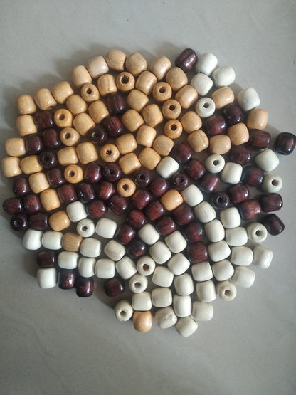 Q1 Beads Multipurpose Big Hole Wooden Beads - 150 Pieces. 16x17 mm Beige, Brown, White Tri Colors Mix (6 mm Hole)